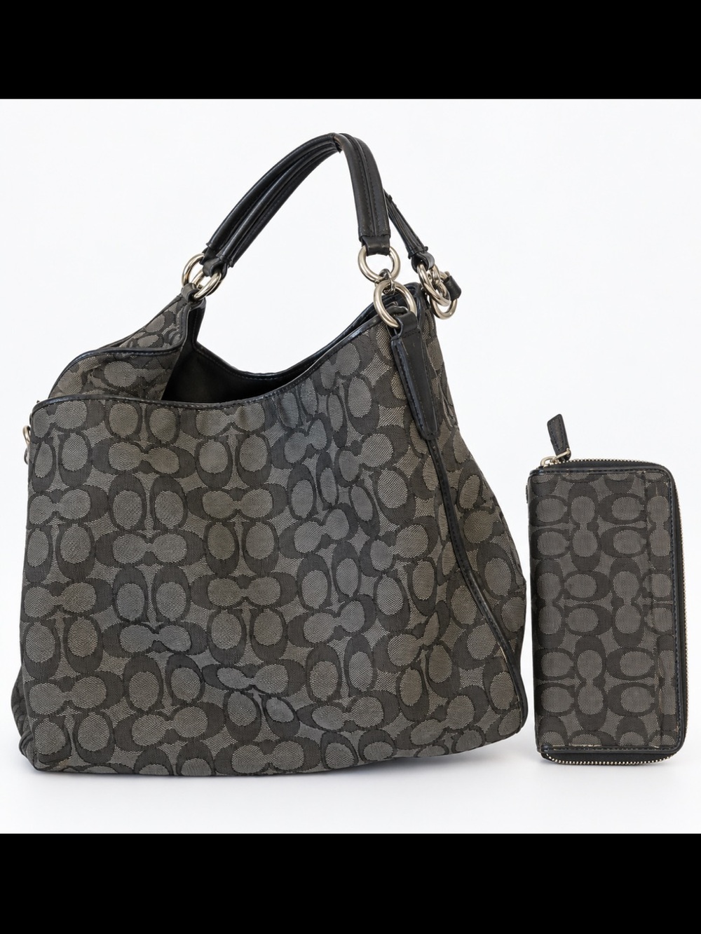 Coach Gray and Black Signature Jacquard Shoulder Bag with Wristlet